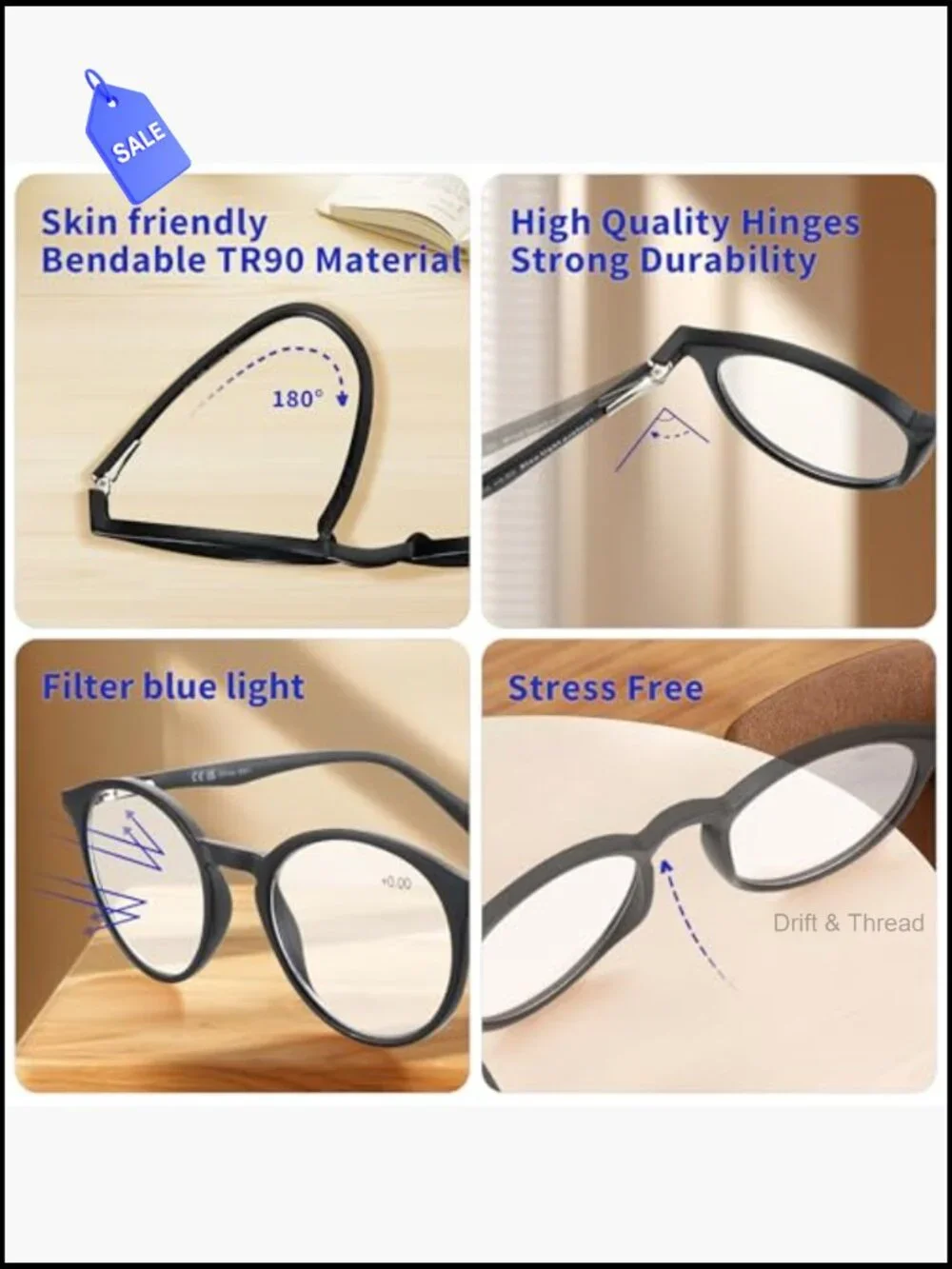Round Blue Light Reading Glasses for Men Women Spring Hinges Magnifying